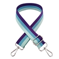 Detail of adjustable purple and blue striped nylon bag strap with silver metal swivel hooks - Light Blue Purple Stripe + Silver Buckle