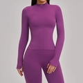 Slim fit purple yoga jacket with full-zip stand collar and functional thumb holes - Deep Berry Purple