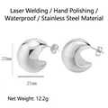 Polished silver stainless steel C-shaped drop earrings with 22mm x 21mm dimensions - Hollow Chunky Half Moon Earrings / Steel