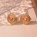 Vintage style moon pattern enamel earrings with pink marble texture in gold setting - Orange Red