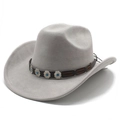 Detail of light gray suede fedora featuring leather band with turquoise metal buckles - M (56-59cm) / Light Grey Suede