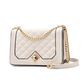 White quilted chain shoulder bag with gold geometric lock and black trim on white background - White