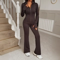 Women's Y2K dark brown two-piece sport set with zipper jacket and flared yoga pants - S / Dark Brown