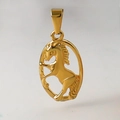 Close-up of a 18k gold plated stainless steel hollow horse pendant with bail - D04-Horse 2-Gold