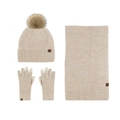 Winter 3-piece knit set with fleece beanie hat, long scarf and touchscreen gloves in beige - Camel 3-Piece Set