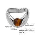 Silver stainless steel ring with polished finish and round tiger's eye stone setting - US 7 / A782-Steel-Tiger's Eye