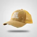 Detail view of vintage mustard yellow mesh trucker hat with Shit Show Supervisor print - M (56-58cm) / Yellow