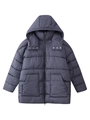 Navy blue hooded long puffer jacket featuring geometric patterns and front pockets - S / Slate Gray
