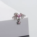 Silver angel wing earrings with pink heart zircon and hanging star on white pedestal - Heart Wings Star / Silver Pink (Single)