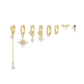 8-piece gold star and moon earring set with blue zircon tassels and hoops - Gold (TZ00477)