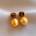 Vintage gold studs with leopard print detail and matte red brushed sphere pendant - 24K Brushed Gold S925 Square Leopard Print Pendant Earrings