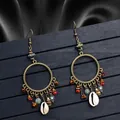 Bohemian tribal earrings with vintage bronze rings, colorful beads and cowrie shells - Antique Bronze Ring Shell Tassels (S3735)
