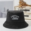Washed black denim bucket hat with white Limited Edition 1990 embroidery text - 1990 Black