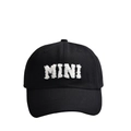 Black baseball cap with white MINI towel embroidery, featuring curved brim and breathable vents - MINI-Black