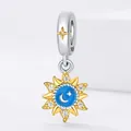 Boucles d'oreilles créoles en argent S925 avec breloque émail bleu soleil lune - Perle Solaire Lumineuse à Colle Déposée 0155