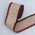Detail of burlap ribbon roll with rustic red and black buffalo plaid edges for DIY crafts - Edge Red and Black Plaid / 6.5cm*5 Yards
