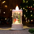 Detalle de vela de agua LED navideña con escena de muñeco de nieve y base con relieve - Vela Blanca Muñeco de Nieve (Relleno de agua)