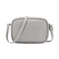 Detail showing the gray leather shoulder strap with unique zigzag stitching and metal buckle - Gray
