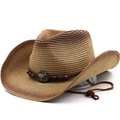 Breathable straw cowboy hat with gradient brown weave and vintage metal bull head - M (56-58cm) / Gradient Khaki