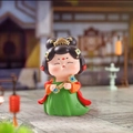 Ancient style girl figurine in green and orange dress on stone path desktop ornament - Holding Jade Ruyi