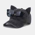 Detail of grey washed cotton baseball cap with cute cat ears and black aviator goggles - Adjustable / Black