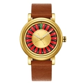 Detail of a men's watch featuring a gold case and unique roulette gambling dial design - QT918 Light Brown Strap Gold Case Gold Face