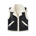 Gilet da donna in ecopelle con patchwork in montone e design vintage con revers - S / Nero