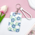 Floral ID card holder with white braided wristlet and blue flower pattern for students - White Braided Rope / Teal