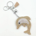 Dolphin keychain with champagne rhinestones and beige faux leather tassel pendant - Khaki