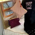 Detail of pink striped and red checkered fabric cosmetic bags with colorful tassels - Storage Pouch / Orange Check