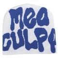 Detailed knit texture and blue Mea Culpa lettering on a white winter beanie hat - White and Blue