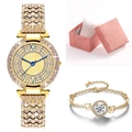 Set orologio da donna di lusso in oro e bracciale diamantato in confezione regalo - Set da 3 Pezzi (Orologio+Bracciale+Scatola) / Oro