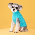 Blue dog cable knit sweater for small pets on yellow background with high turtleneck - Blue