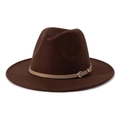 Detail of dark brown wool felt fedora with a slim leather band and golden metal buckle - M(56-58cm) / Coffee + Light Khaki Belt