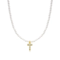 Elegant white pearl necklace with a gold zircon-encrusted cross pendant on white back - Letter T
