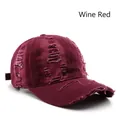 Retro distressed wine red baseball cap with washed denim holes and fringe detail - Burgundy