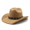 Retro khaki felt cowboy hat with ethnic leather band and turquoise studs for unisex style - M (56-58cm) / Camel