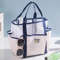 Blue and white mesh beach bag with multiple exterior pockets for travel and swimming - Light Pink