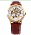 Men's skeleton mechanical watch with brown leather strap and gold case in white dial - SHENHUA White Skeleton