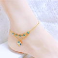 Bohemian gold double-layer anklet with turquoise beads and colorful clover pendant - Ginkgo Leaf/Clover