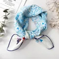 White cotton linen floral scarf with blue hand-drawn heart patterns and artistic text - XY-49 White Blue Hand-drawn Illustration