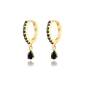 Detailed macro view of S925 sterling silver stamp on gold drop earrings with black stones - Gold - Black Zirconia