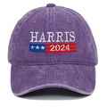 Close-up of Harris 2024 embroidery on a vintage washed purple cotton baseball cap - Purple
