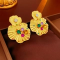 Vintage gold fan-shaped flower earrings with colorful crystals on velvet jewelry box - Silver Pin Fan Shaped Rhinestone Colorful Gemstone Petal