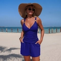 Two-piece royal blue tankini set with V-neck top and side pocket shorts on a beach - S / Navy Blue