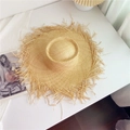Natural color raffia straw hat with wide frayed brim and flat top for beach sun protection - M (56-58cm) / Dented Top Frayed Edge-Plain