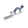 Detailed close-up of dark blue enamel cat on a silver broomstick with crystal accents - Silver Broom Deep Blue Cat (C189-B)