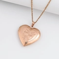 Polished rose gold heart locket necklace with floral engraving and photo compartment - Double Heart 29*29/Rose Gold