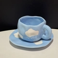 Handmade ceramic coffee cup and saucer set with blue background and white cloud pattern - 250ML / Light Blue
