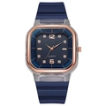 Dettaglio del quadrante quadrato blu scuro con indici in oro rosa e strass - Blu scuro